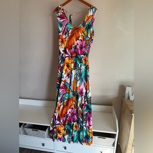 Tropical Floral Maxi Dress in Orange, Teal & Magenta XL
